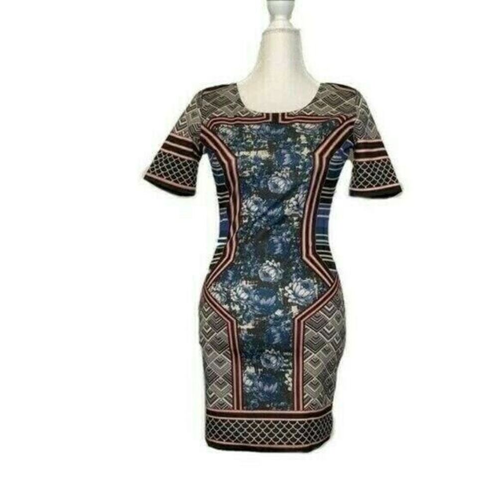 Jealous Tomato Chevron Floral Stripe Bodycon mini dress sz S ivory party